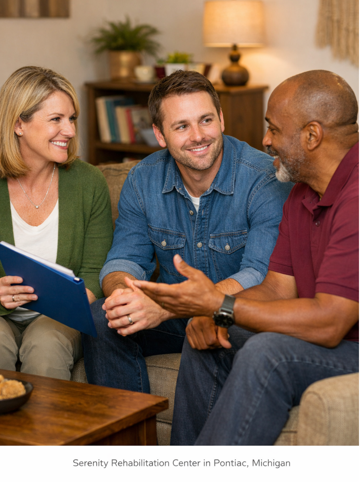 Case manager and peer recovery specialist providing addiction recovery support and life guidance to a patient at Serenity Rehabilitation Center in Pontiac, Michigan.