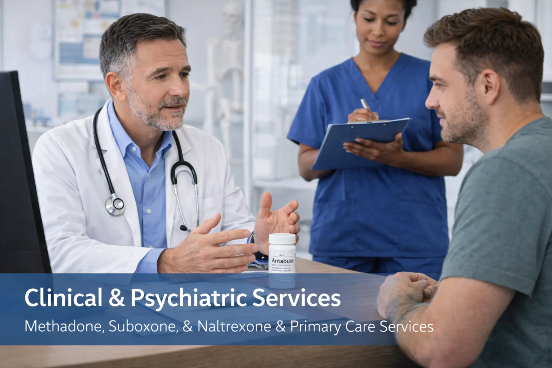 Clinical and psychiatric services at a drug rehab center including psychiatric evaluation, medication management, and primary care support