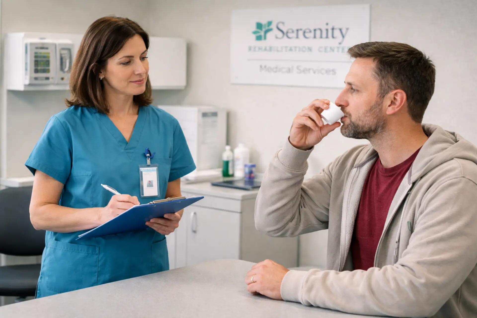 Healthcare professional supervising directly observed therapy medication administration to ensure treatment compliance at Serenity Rehabilitation Center in Pontiac, Michigan.