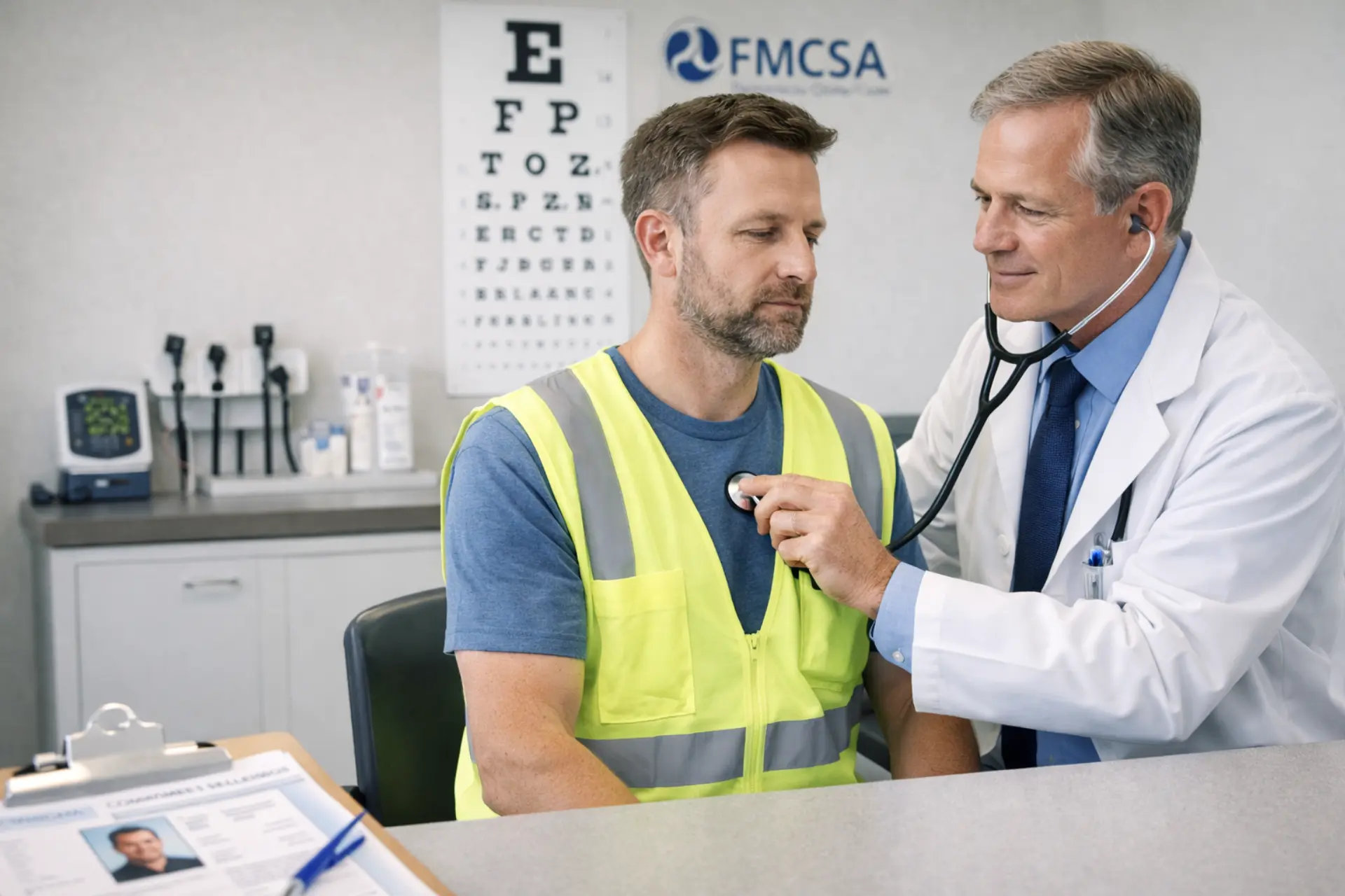 FMCSA-certified medical examiner performing a DOT physical exam for a commercial CDL driver at Serenity Rehabilitation Center in Pontiac, Michigan.