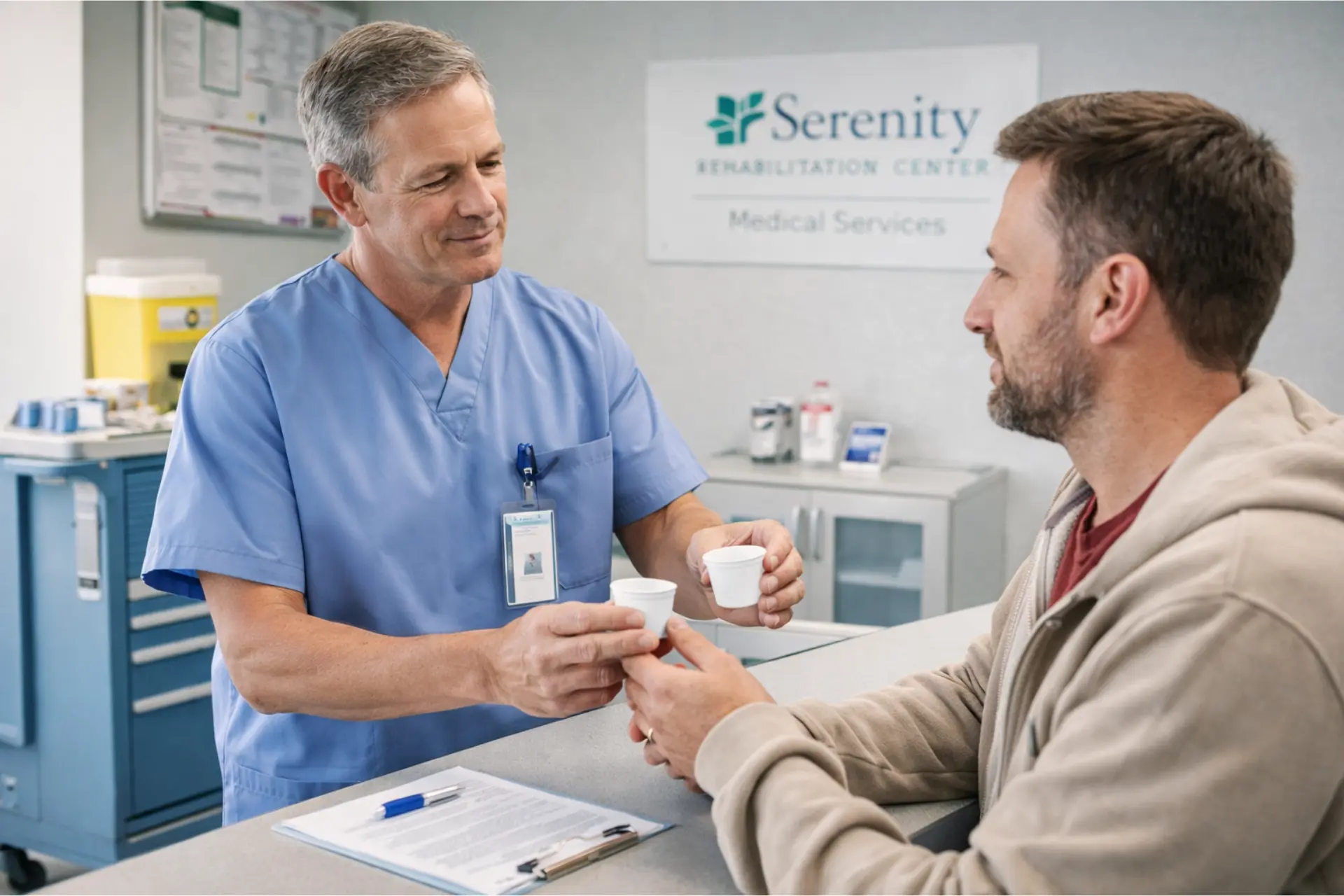 Medical professional providing emergency methadone and suboxone dosing to a patient in crisis at Serenity Rehabilitation Center in Pontiac, Michigan