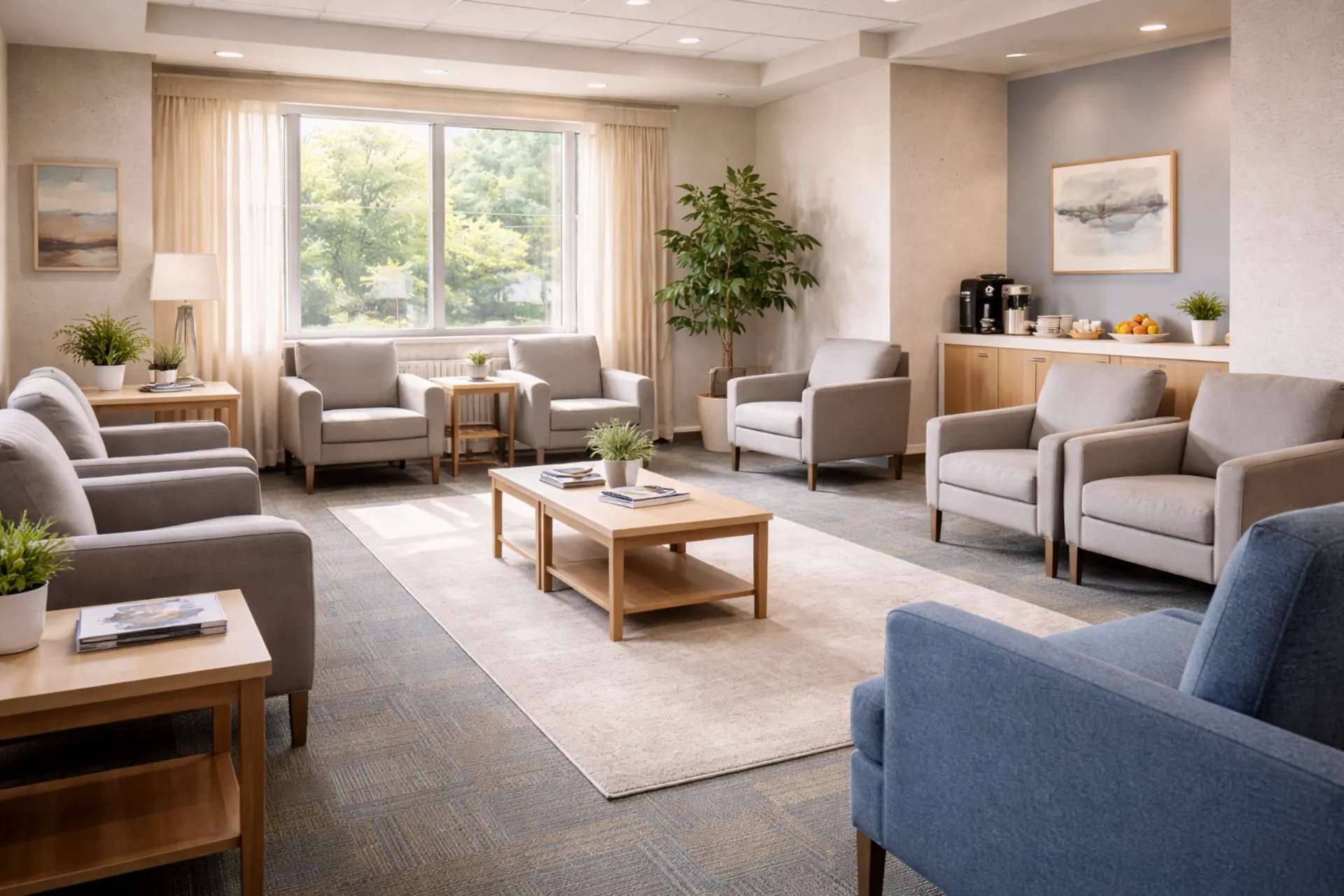 Clean, modern waiting area at Serenity Rehabilitation Center in Pontiac Michigan.