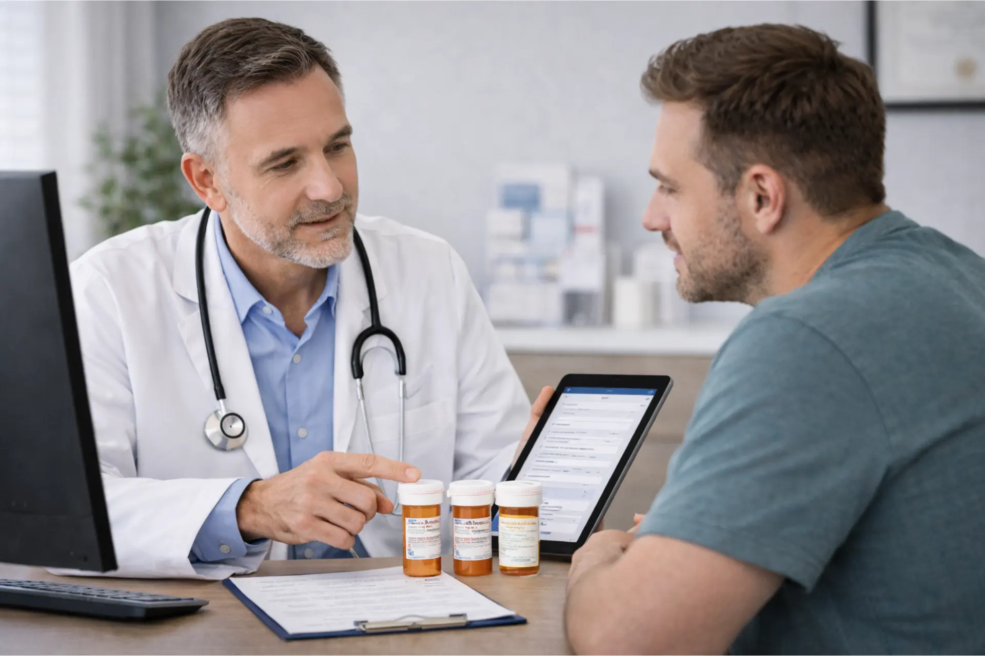 Doctor reviewing psychiatric and medical medications with a patient at Serenity Rehabilitation Center in Pontiac, ensuring prescriptions are safe and effective.