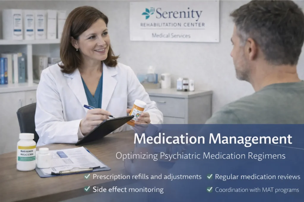 Licensed psychiatrist reviewing medications and coordinating psychiatric medication management with a patient at Serenity Rehabilitation Center in Pontiac, Michigan.