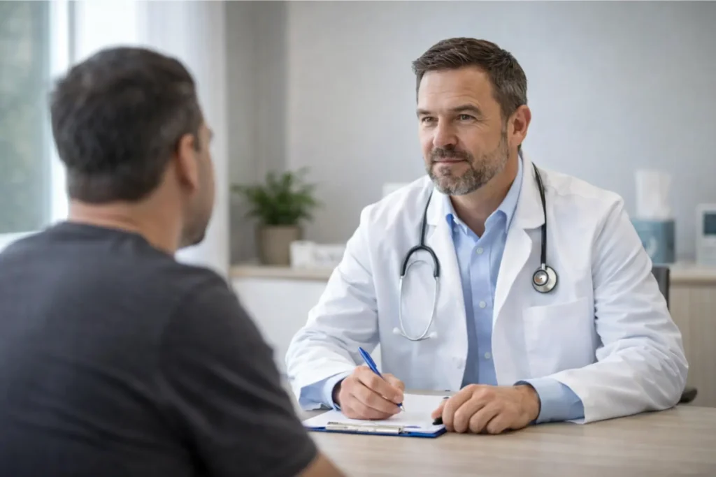 Compassionate physician meeting with patient at a methadone clinic in Pontiac, MI
