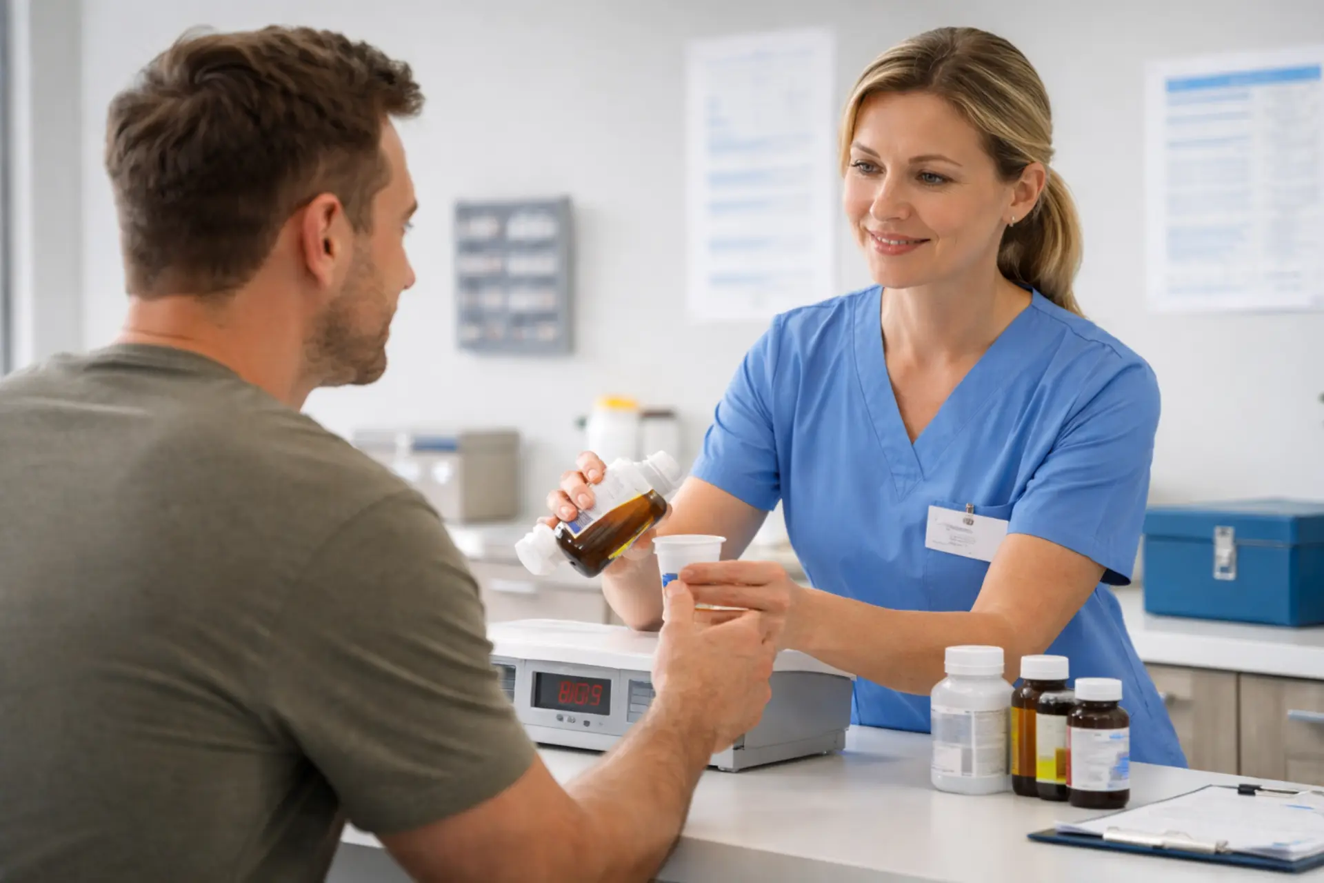 Medical professional supervising methadone treatment at a licensed opioid addiction clinic in Pontiac, Michigan.