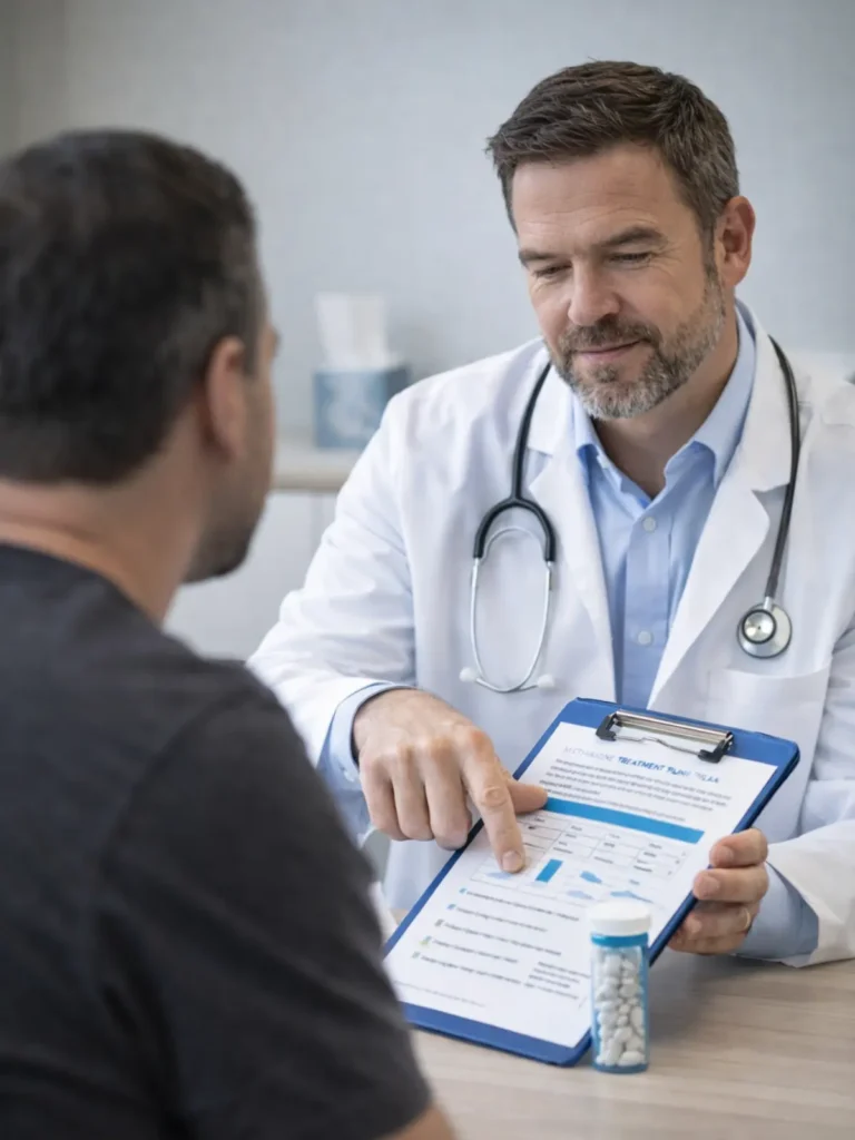 Physician discussing methadone treatment with patient at an opioid addiction clinic in Pontiac, Michigan
