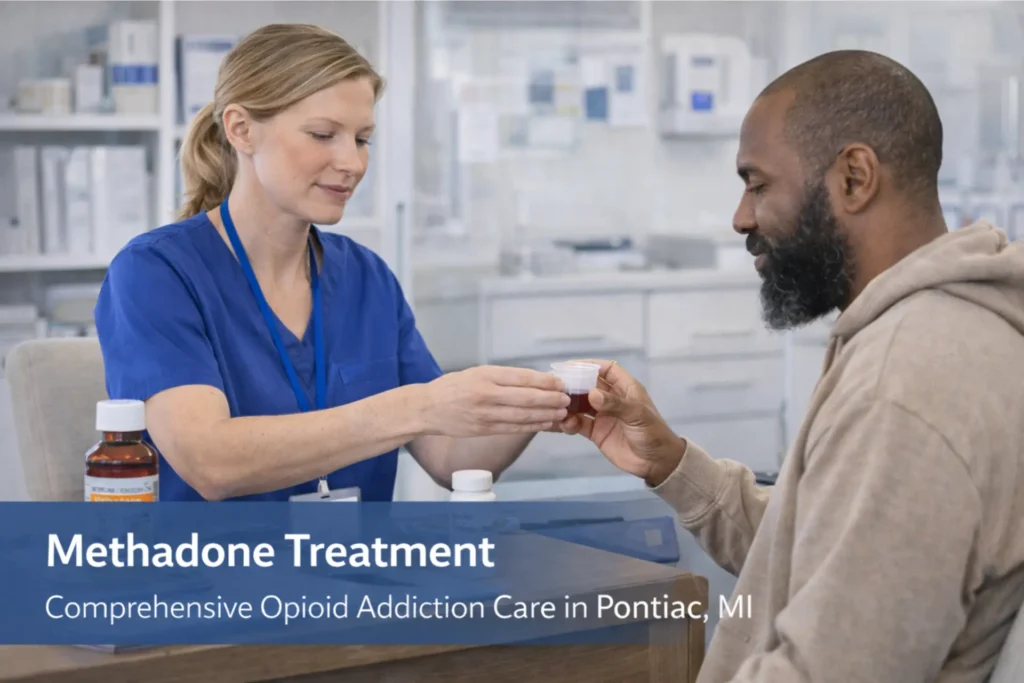 Healthcare professional administering methadone to a patient in a clinic in Pontiac, Michigan, illustrating comprehensive opioid addiction treatment with integrated counseling services.