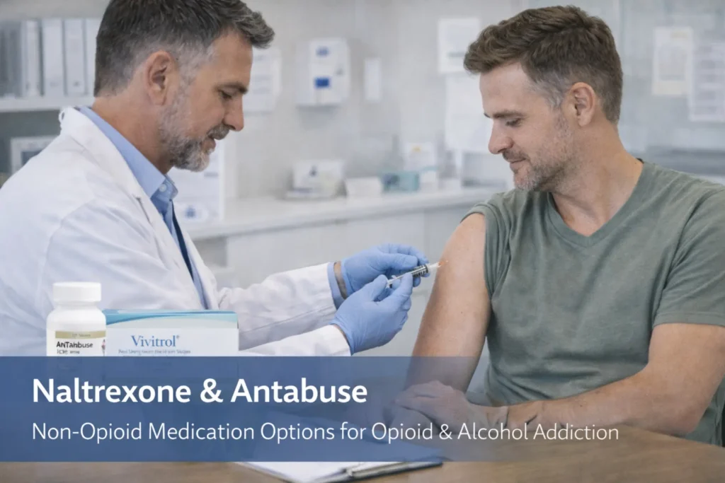 Healthcare professional administering Vivitrol injection to a patient as part of opioid and alcohol addiction treatment, illustrating non-opioid medication options at Serenity Rehabilitation Center in Pontiac, Michigan.