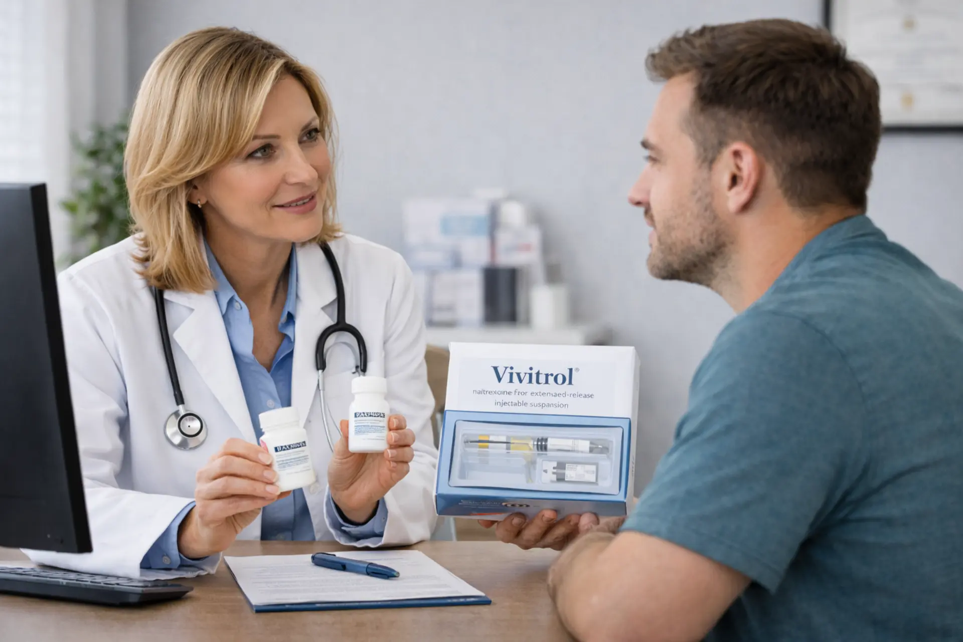 Medical professional explaining Naltrexone and Antabuse treatment to a patient at an addiction treatment center in Pontiac, Michigan.