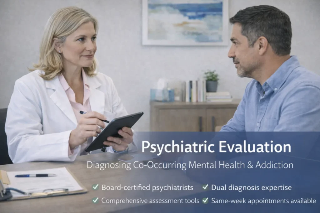 Licensed psychiatrist evaluating mental health and addiction needs during a psychiatric assessment at Serenity Rehabilitation Center in Pontiac, Michigan.