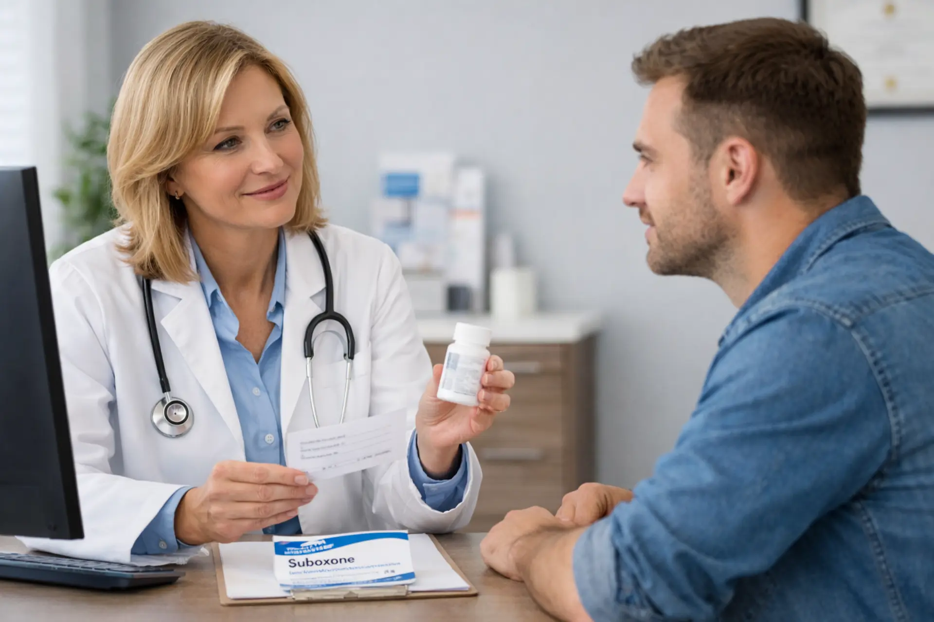 Doctor explaining office-based Suboxone treatment to a patient at a licensed addiction treatment clinic in Pontiac, Michigan.