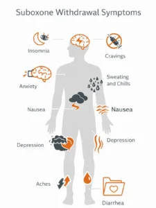 Infographic showing common Suboxone withdrawal symptoms: anxiety, nausea, depression, muscle aches, diarrhea, insomnia, cravings, and sweating.
