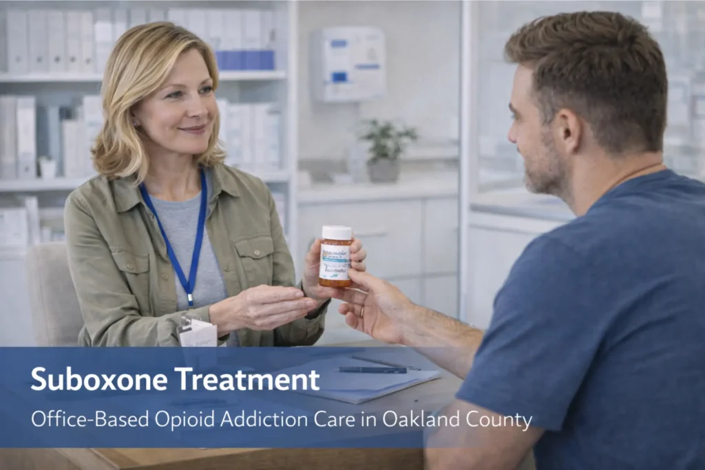 Healthcare professional providing Suboxone (buprenorphine) treatment to a patient in an office-based clinic, illustrating compassionate medication-assisted opioid addiction care in Oakland County.