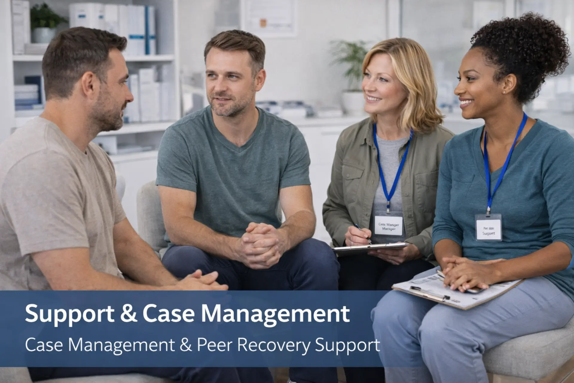 Support and case management services with peer recovery specialists providing guidance and resource coordination during addiction recovery
